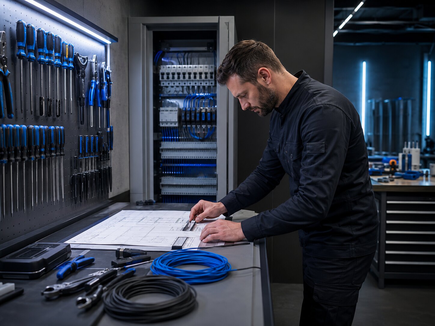 Électricien préparant une installation avec plans et tableau moderne