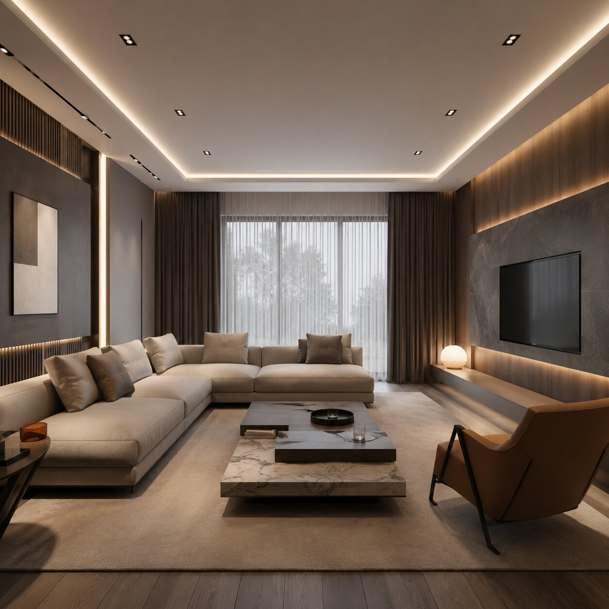 Salon avec éclairage architectural LED